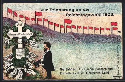 Künstler-AK Erinnerung an die Reichstagswahl 1903, Beerdigung des Sachsenlandes