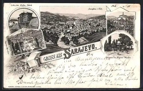 Lithographie Sarajevo, Scheriàts Richter Schule, Begova-Moschee mit Brunnen, Blick von Osten