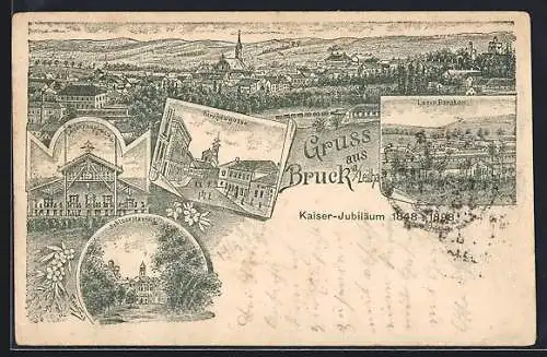 Lithographie Bruck a. Leitha, Totalansicht, Kirchengasse, Schloss Harrach