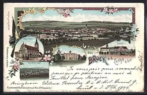 Lithographie Bruck a. d. Leitha, K. u. K. Militär-Lager, Bahnhof, Pfarrkirche