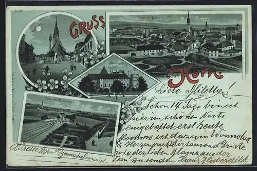 Mondschein-Lithographie Horn, Hauptplatz, Bahnhofsansicht und Schloss Horn