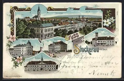 Lithographie Stockerau /N. Oest., Schlössl, Post und Rathaus