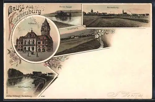 Lithographie Korneuburg, Schiffswerfte, Donau Bagger, Ortspanorama