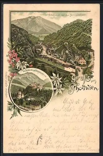 Vorläufer-Lithographie Schottwien, 1895, Ansicht mit Sonnwendstein und Ruine Klamm