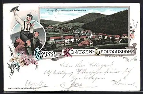 Lithographie Klausen-Leopoldsdorf, Ortschaft aus der Ferne, Wanderer mit Blick auf den Ort