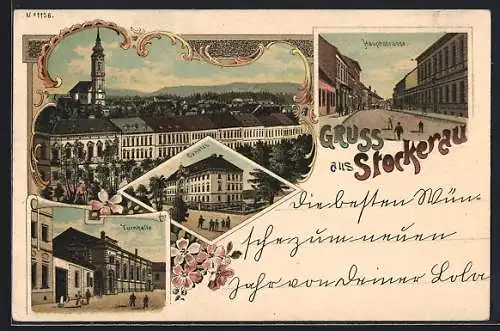 Lithographie Stockerau, Hauptstrasse, Convict, Turnhalle