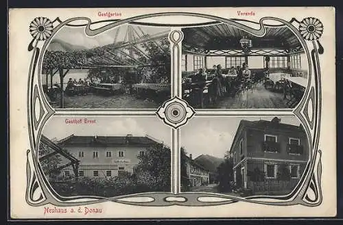 AK Neuhaus a. d. Donau, Gasthof Ernst mit Garten und Veranda, Jugendstil-Passepartout