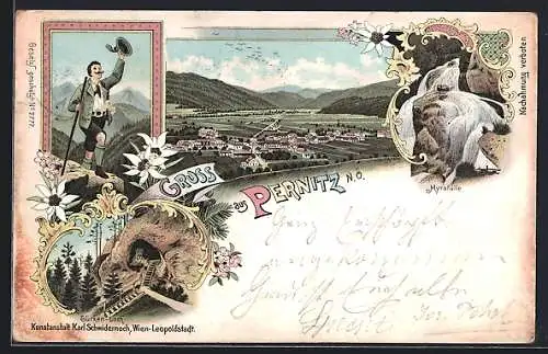 Lithographie Pernitz, Bergsteiger, Türken-Loch, Myrafälle, Gesamtansicht