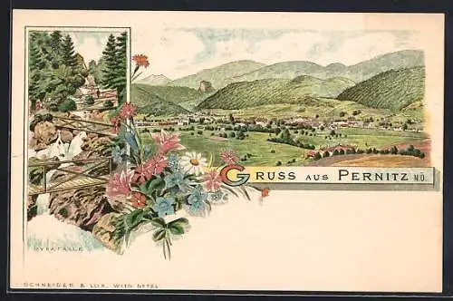 Lithographie Pernitz, An den Myrafällen, Panoramablick auf die Ortschaft
