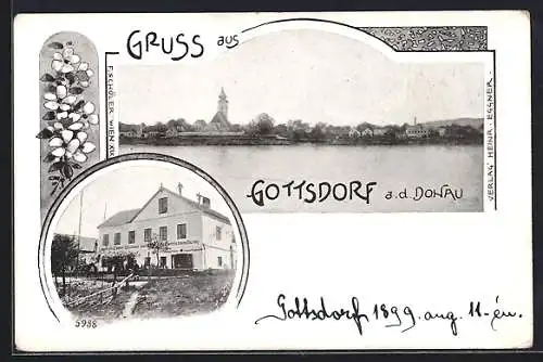 AK Gottsdorf a. d. Donau, Gasthaus und Gemischtwarenhandlung Heinrich Eggner, Ortsansicht