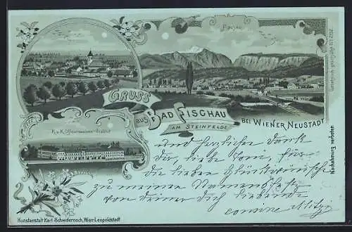 Mondschein-Lithographie Bad Fischau am Steinfelde, K. u. k. Officierswaisen-Institut, Ortsansicht