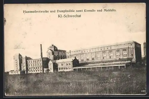 AK Kl.-Schwechat, Hammerbrotwerke und Dampfmühle samt Kornsilo und Mehlsilo