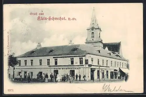 AK Klein-Schwechat /N.-Oe., Café Krautkramer und Kirche