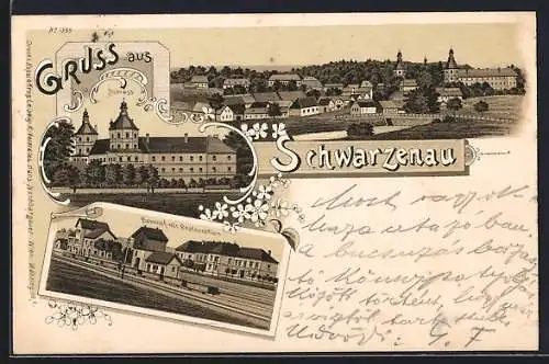 Lithographie Schwarzenau, Schloss, Bahnhof mit Restaurant, Gesamtansicht