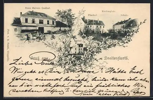 AK Breitenfurt bei Wien, Franz Stelzers Gasthof, Kirchenplatz mit Pfarrhof und Schule, Kirche