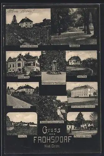 AK Frohsdorf /Nied. Oestr., Post- und Gend. Gebäude, Mazzi Villa, Mädchen-Pensionat, Maierhof, Feuerwehr-Uebung