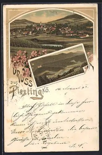 Lithographie Piesting, Ansicht aus der Vogelschau, Ruine Starhemberg