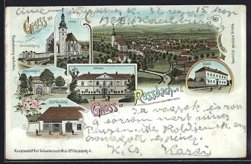 Lithographie Russbach /N. Ö., Schloss, Joch`s Handlung und Kirchenaufgang