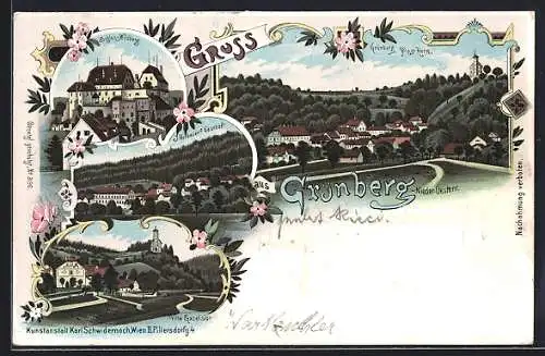 Lithographie St. Bernhard-Frauenhofen, Grünberg, Ortsansicht, Schloss Wildberg, J. Hofbauers Gasthof