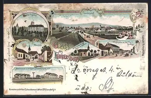 Lithographie Leobersdorf, Ortsansicht, Schloss Enzesfeld, Hauptstrasse, Pfarrkirche