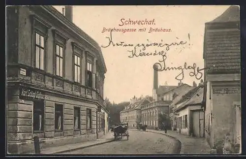 AK Schwechat, Bräuhausgasse mit Bräuhaus