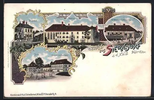 Lithographie Sierndorf a. d. N. W. B., Giessweins Gasthaus, Bahnhof, Wiedermanns Handlung