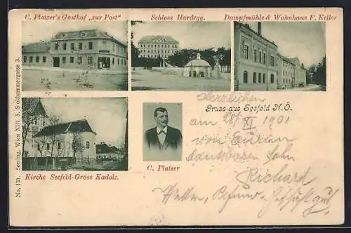 AK Seefeld /N. Ö., C. Platzer`s Gasthof zur Post, Schloss Hardegg und Kirche Seefeld-Gross Kadolz