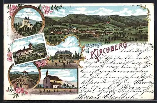 Lithographie Kirchberg am Wechsel, Wartenstein, Kranichberg, Schule, Gesamtansicht