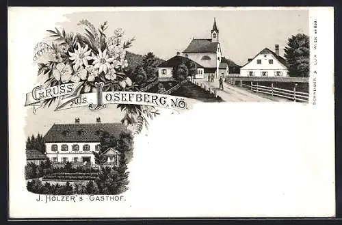 Lithographie Annaberg /N. Ö., Josefsberg, Gasthof J. Holzer, Strassenpartie mit Kirche