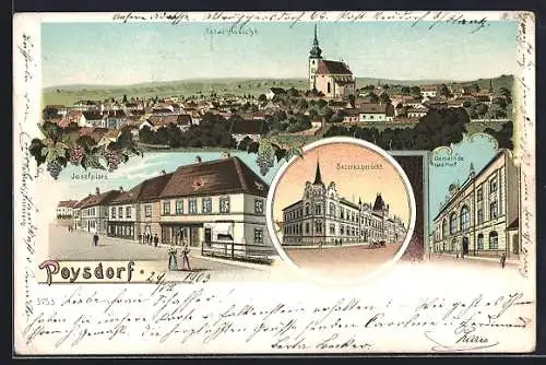 Lithographie Poysdorf, Josefplatz, Bezirksgericht und Gemeinde Gasthof