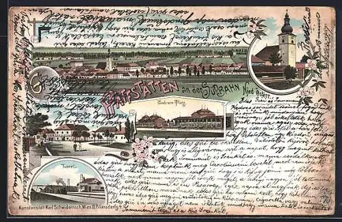 Lithographie Pfaffstätten an der Südbahn, Trabrennplatz, Tunnel und Gesamtansicht