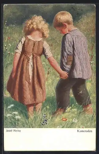 Künstler-AK Wohlgemuth & Lissner, Primus-Postkarte No. 3051: Kameraden, Mädchen und Junge auf einer Wiese