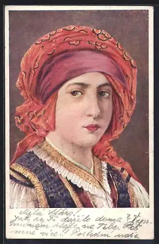 Künstler-AK Mädchen mit rotem Turban