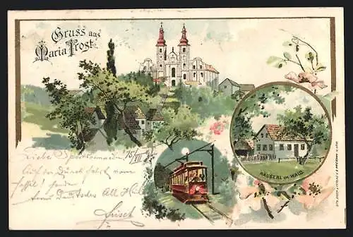 Lithographie Maria Trost, Häuserl im Wald, Bergbahn und Blick zum Schloss