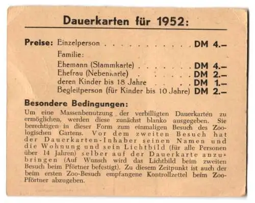 Dauerkarte Zoologischer Garte Hannover 1952, Inh. Frau Grebuer, mit Lichtbild und Stempel