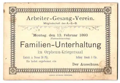 Einladung Wien 1893, Arbeiter-Gesang-Verein mit Familien-Unterhaltung im Orpheum Kriegersaal