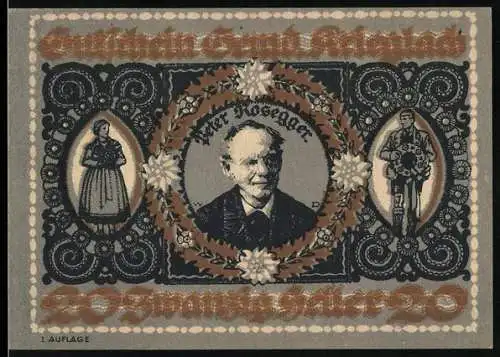 Notgeld Krieglach, 20 Heller, Porträt von Peter Rosegger und florales Design