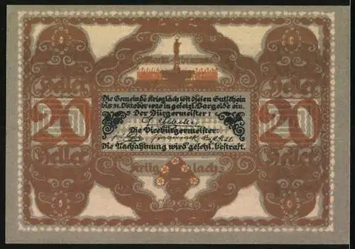 Notgeld Krieglach, 20 Heller, Porträt von Peter Rosegger und florales Design