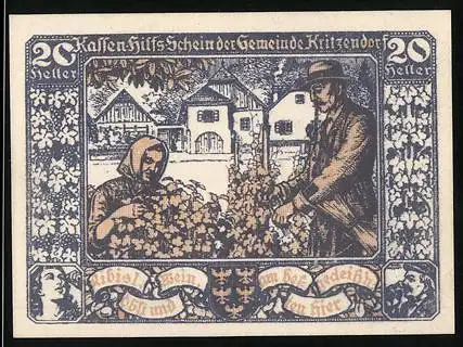 Notgeld Kritzendorf 1920, 20 Heller, bäuerliche Szene mit Dorfbewohnern und Blumengarten