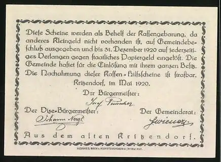 Notgeld Kritzendorf 1920, 20 Heller, bäuerliche Szene mit Dorfbewohnern und Blumengarten