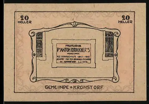 Notgeld Kronstorf 1920, 20 Heller, Widmung an Anton Bruckner, Gemeindesiegel und Unterschriften