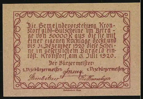 Notgeld Kronstorf 1920, 10 Heller, Abbildung eines historischen Gebäudes und Gemeindevorstandsbeschluss