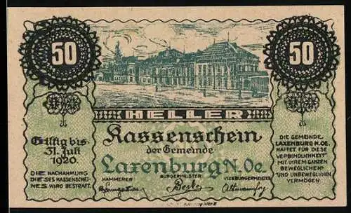 Notgeld Laxenburg 1920, 50 Heller, Stadtansicht mit Gebäuden, floralem Design, gültig bis 31. Juli 1920