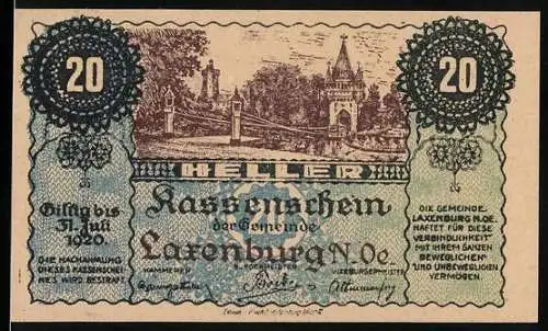 Notgeld Laxenburg 1920, 20 Heller, Schlosspark-Ansicht im Jugendstilrahmen