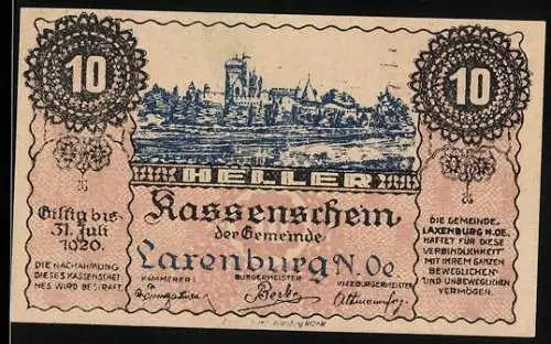 Notgeld Laxenburg 1920, 10 Heller, Stadtansicht und Verzierungen, gültig bis 31. Juli 1920