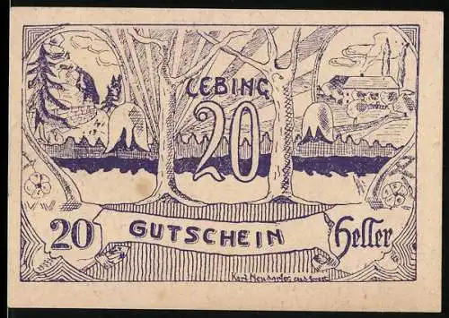 Notgeld Lebing 1920, 20 Heller, Landschaftsmotiv mit Bäumen und Gebäuden, Gutscheintext und Verzierungspunkte