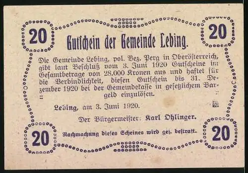 Notgeld Lebing 1920, 20 Heller, Landschaftsmotiv mit Bäumen und Gebäuden, Gutscheintext und Verzierungspunkte