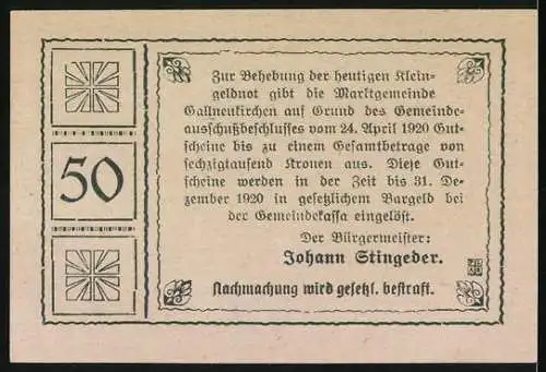 Notgeld Gallneukirchen 1920, 50 Heller, historische Personen und Gebäude im Zierrahmen