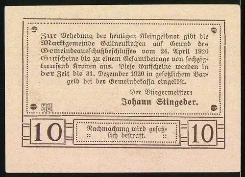 Notgeld Gallneukirchen 1920, 10 Heller, Schloss Riedegg und Banner Aus den Ruinen blüht neues Leben