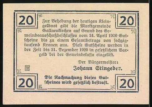 Notgeld Gallneukirchen 1920, 20 Heller, Stadtansicht von Gallneukirchen